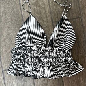 Sim and Sam Black and White Striped Women's Backless Ruffled Top. Sized Large.